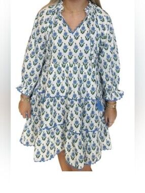 entro White Floral Tiered Dress with Blue and Green Print PTP 21 EUC Large
